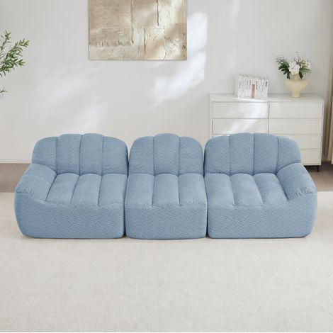 Canapé modulaire d’angle en fleece granulé bleu, sans structure, assise profonde, modules flexibles, prêt à l’emploi (1/5)