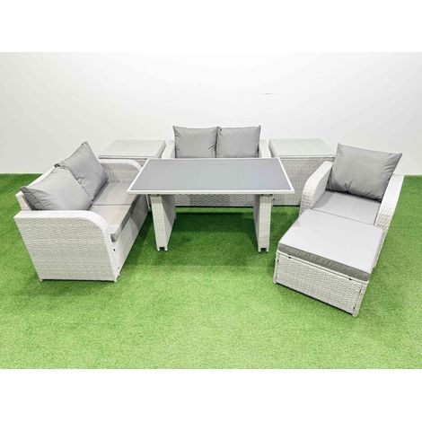 Fimous Rattan Sofa Outdoor Furniture with Dining Table,2 Side Tables,Love Sofa,Big Stool Patio Furniture Light Grey 6 Seater (1/4)