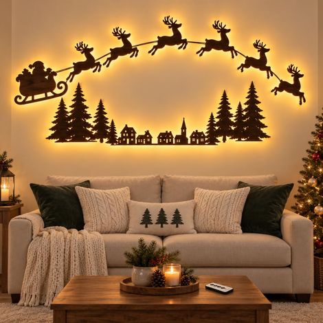 Weihnachtsdekoration aus Holz in Rentierform mit 3D-Beleuchtung. Warme Hintergrundbeleuchtung, handgefertigt aus echtem Holz, Rentier-Design, weihnachtliche Wanddekoration für das Wohnzimmer. (1/5)