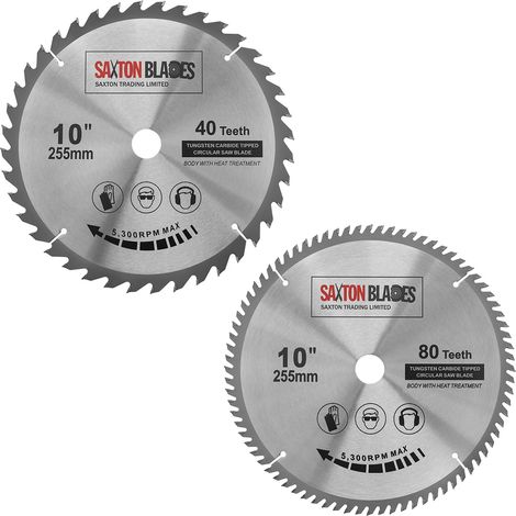 Lames de scie circulaire en bois Saxton TCT Mitre 255 mm x 40 et 80 dents x alésage de 25,4 mm compatibles avec les scies Evolution Rage (Lot de 2) (1/5)