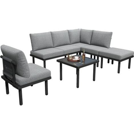 Salon de jardin bas salon lounge de jardin 6 places corde gris pieds réglables table verre avec coussins gris (1/5)