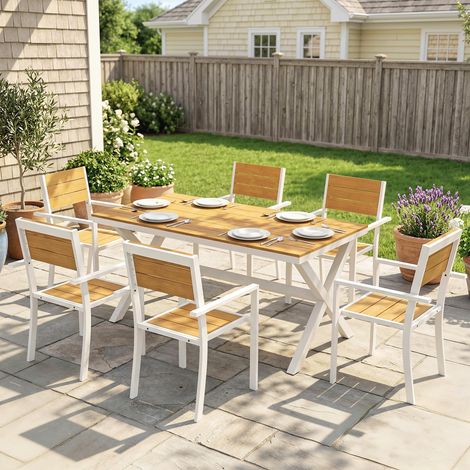 Ensemble de mobilier de jardin, salon de jardin, 7 pièces, table et 6 chaises empilables, aspect bois, structure en aluminium, teck (1/5)
