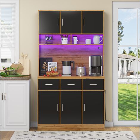 Buffet da cucina 100x40x180 cm naturale e nero in MDF con LED APP, prese USB e ampio spazio contenitivo (1/5)