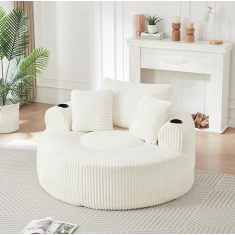 Poltrona lounge rotonda 142x142 cm in velluto a coste beige con 3 cuscini - CHICFURN (1/5)
