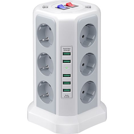 Multiprise filaire,Tour multiprise parafoudre et surtension, Multiprise Electrique avec 5 Ports USB et 12 Prises, multiprise avec et 3 Interrupteurs (1/5)