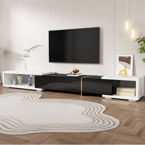 Meuble TV extensible 140-260 cm pivotant blanc marbre, noir et doré DESVIAE (1/5)