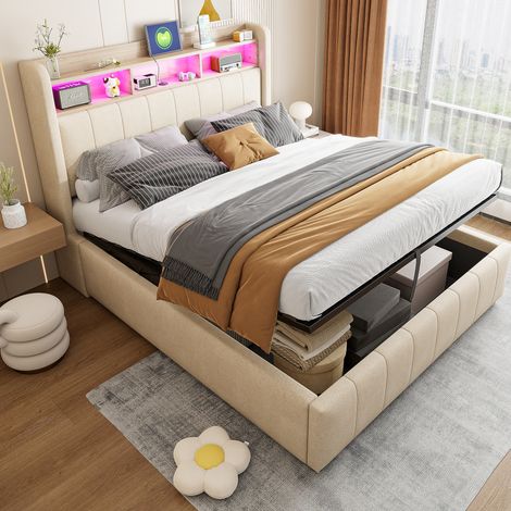 Letto con contenitore imbottito beige 140x200 cm in tessuto effetto lino, LED, USB e rete a doghe inclusa (1/5)
