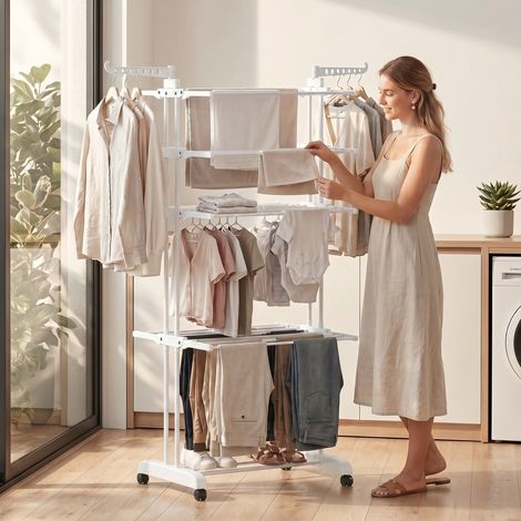 Séchoir à linge pliable 4 niveaux avec roulettes, étendoir linge intérieur avec ailes latérales, cadre en acier, blanc (1/5)