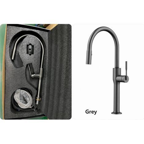 Robinet de cuisine mitigeur extractible (gris anthracite PVD) pour évier, eau chaude et froide, montage sur plage, robinet à poignée unique (1/5)