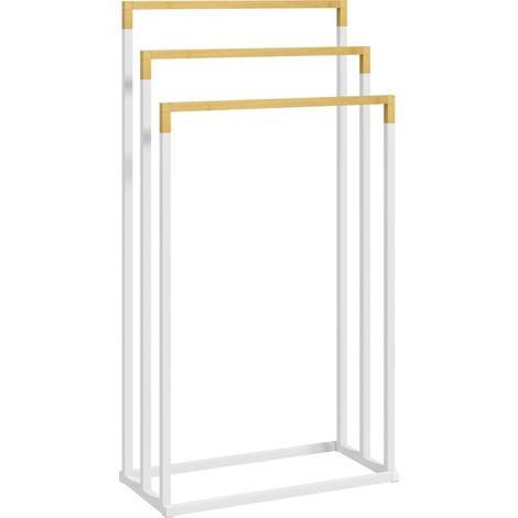 Porte-serviettes sur pied à 3 niveaux en acier et bambou blanc, rangement stable pour salle de bain, facile à déplacer, montage rapide  CHICFURN (1/5)