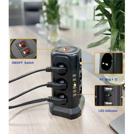 Multiprise Parafoudre et Surtension - Multiprise Électrique avec 5 Ports USB et 12 Prises, 3 Interrupteurs - Couleur Noir. (1/4)