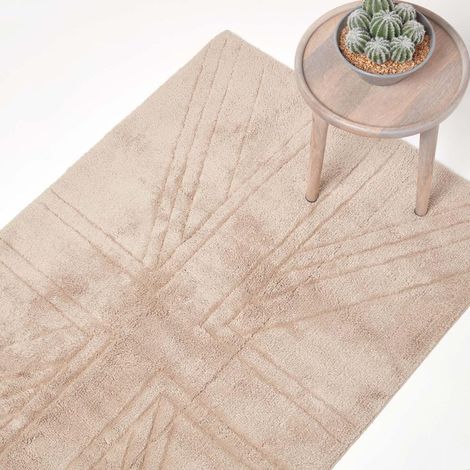 HOMESCAPES 100% Baumwolle Teppich Union Jack Uni geprägte Matte Beige, 50x80 cm