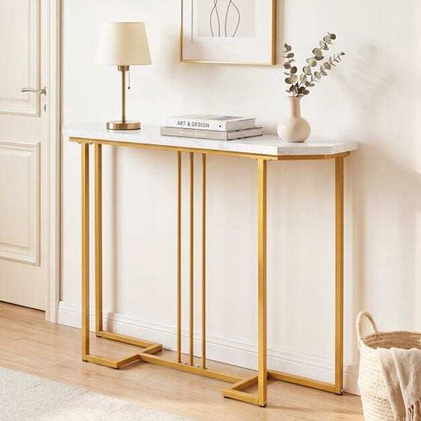 Narrow Console Table, White Marble Top, Gold Geometric Frame (1/5)