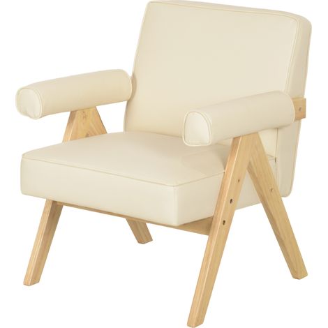 Canapé Tapizado PU Reposabrazos Marco Madera Caucho Dormitorio 120 kg Crema