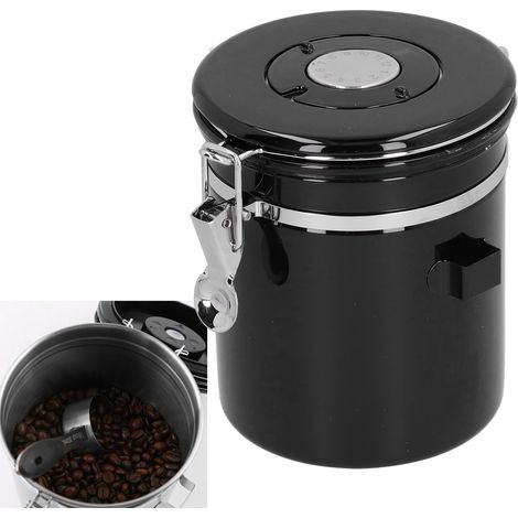Bocal hermétique pour grains de café avec soupape de décompression et cuillère pour la cuisine (noir) (1/5)