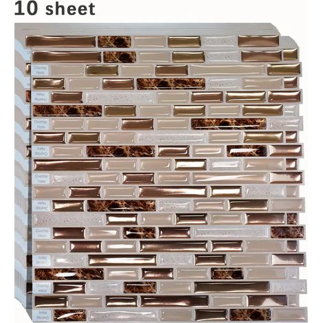 10pcs Golden Mosaic 3D Self-Adhesive Wall Tiles, Heat Resistant and Peelable Kitchen Backsplash Tiles, Waterproof Bathroom Wall Tile Stickers (10pcs 12x12 inch Golden Mosaic) (1/5)