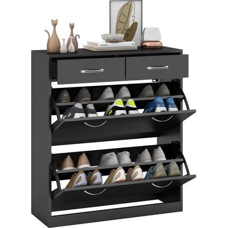 Meuble à chaussures noir 80 cm, 2 tiroirs + 2 portes abattantes, étagère réglable, poignées aluminium. Rangement chaussures étroit et design, 91,5 cm de hauteur. (1/5)