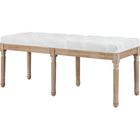 Banc bout de lit banquette capitonnée vintage French revêtement tissu aspect lin pieds bois massif crème 100x40x45cm
