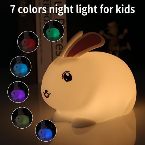 Veilleuse Lapin 7 Couleurs : Veilleuse en silicone souple rechargeable avec minuterie, lampe de nuit portable sans fil (1/4)