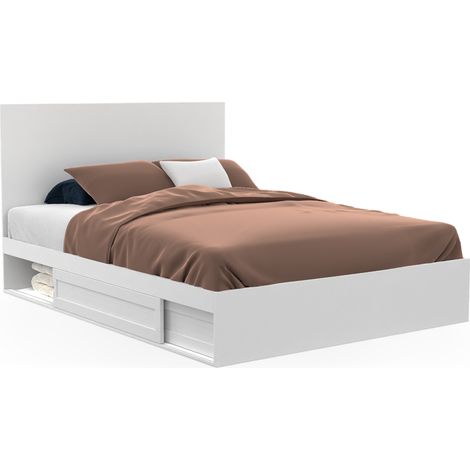 Idmarket – Lit double avec rangements – Tête de lit et sommier 140 x 190 cm – Panneaux de particules blanc – 2 tiroirs sous le lit (1/5)