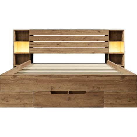 Letto matrimoniale 160x200 cm con contenitore, LED, porte USB e USB-C, effetto rovere, MODENUIT (1/5)