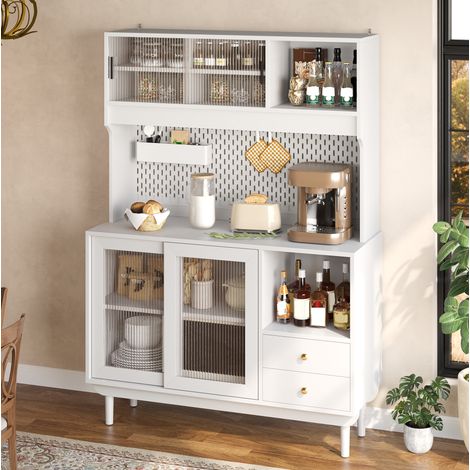 MODFU – Credenza cucina 117x30x170 cm con 4 ante scorrevoli in vetro striato, cassetti, pannello forato e piedini in pino – Bianco (1/5)