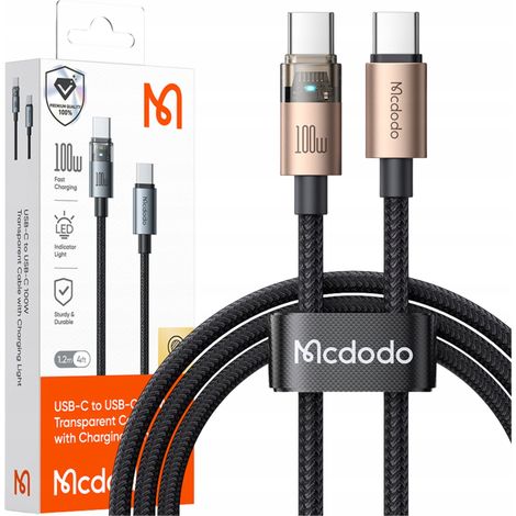 Cable USB-C Mcdodo de carga rápida USB TIPO C 5A 100W 1M LED dorado