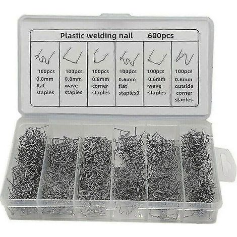 Kit de 600 agrafeuses de soudage plastique pour la réparation de pare-chocs et d'ailes, comprenant une agrafeuse chauffante et des agrafes de soudage. (1/4)