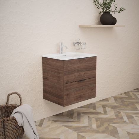 Inda - Badezimmerschrank B.60 mit glänzendem Waschbecken / Braune Eiche 2 Schubladen - Topazio (1/5)