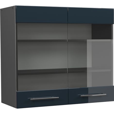 Mobile da cucina in vetro Fame-Line, Blu scuro lucido, 80 cm, Vicco