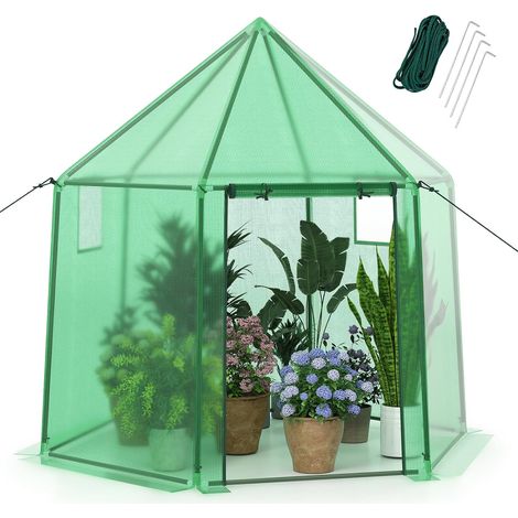 GOPLUS Serre de Jardin avec Cadre en Métal Robuste, Serre Tunnel, avec 2 Portes et 2 Fenêtres Enroulables, Housse PE, Pochettes Latérales, pour Légumes, Fruits, Fleurs, 181 x 181 x 200 CM (Blanc) (1/5)