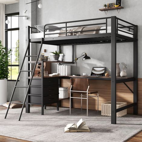 Letti a soppalco 90x200cm letti singoli per adulti/bambini, 3 cassetti, con ripiani e scrivania angolare, metallo + truciolato, senza materasso, nero + marrone (1/5)