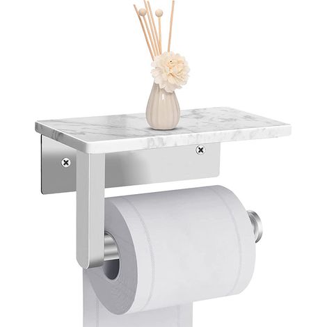 Porte-papier toilette avec étagère en marbre argenté, base fixée au mur pour salle de bain (1/3)