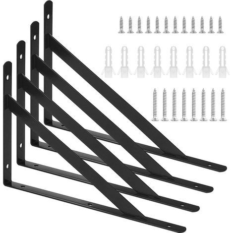 4 Pcs Equerre Etagere Murale, Supports Angulaires Droits de 90 Degrés en Acier, Support D'étagère Murale 250 x 160mm, avec 20 pcs Vis et 8 pcs Ancres pour Salon Chambre Bibliothèque (Noir) (1/5)