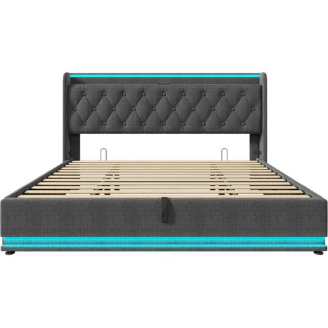 (=AB20315455G)Lit rembourré 180x200 cm, gris, fonction LED avec télécommande/application, lit de rangement hydraulique, tête de lit rembourrée avec USB Type-C (sans matelas) (1/5)
