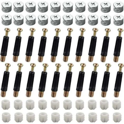 40 jeux (120 pièces) de connecteurs pour meubles, connecteurs pour armoires, kit de fixation M15, vis excentriques, cames et boulons, bouchons de fixation, écrous avant M6 x 40 mm pour armoire/commode (1/4)