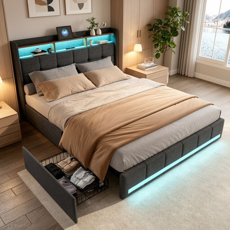 Lit capitonné 140x190 cm, Lit Coffre avec 4 tiroirs de rangement, Tête de lit LED et USB, Lit double avec sommier, Gris, lin (1/5)