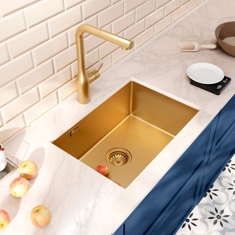 Ceramia Timeless Évier de cuisine sous plan inox 304, 1 bac , 55x45x21 cm, Or brossé PVD (1/5)