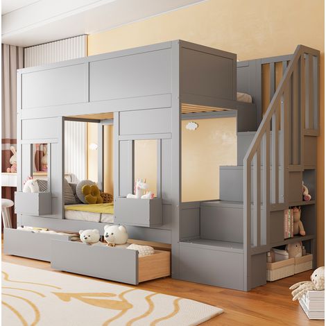 Lit mezzanine enfant en bois gris 90x200 cm avec escalier de rangement et tiroirs