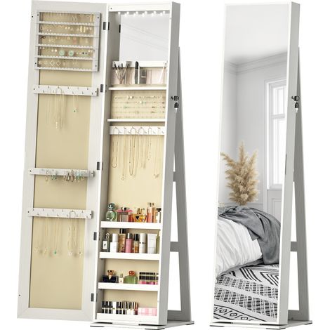 Armoire blanche imitation bois avec miroir LED éclairage intégré et serrure sécurisée rangement bijoux discret