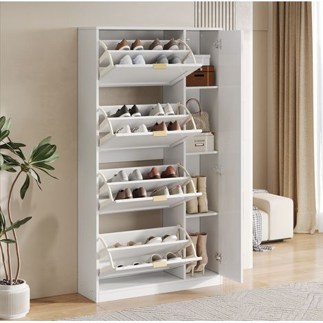Zapatero con espejo blanco, 4 compartimentos abatibles, 80x24x147 cm - OKMYHOME (1/5)