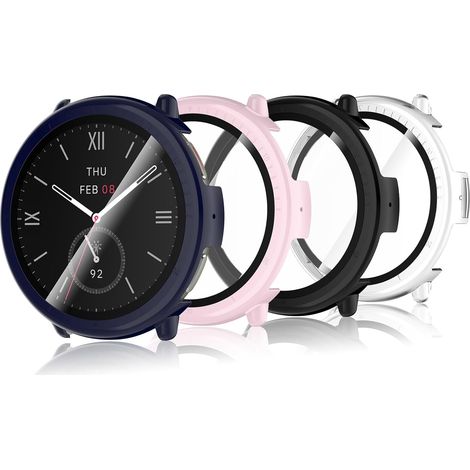 4 Pièces Coque Compatible avec Amazfit Active 2, Coque Rigide en PC avec Protecteur d'écran, Coque HD avec Verre Trempé - Transparent, Noir,Rose,Bleu (1/5)