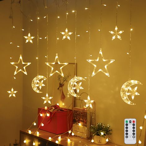 Guirlande - blanc chaud LED Star Moon, rideau lumineux de Noël de 3,5 m avec télécommande, décorations de Noël, 8 modes d'éclairage, lumineuse (1/5)