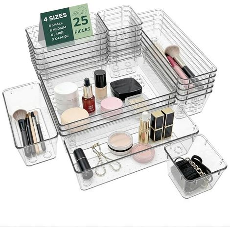 Drawer Storage Boxes, 4 Sizes with Non-Slip Dots, Clear Stackable Organizer for Makeup, Kitchen, Bathroom (1/3)