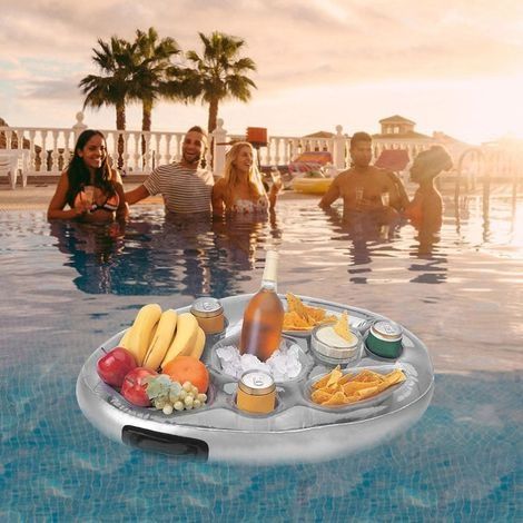 Aufblasbarer Getränkehalter für den Pool, schwimmende Poolbar mit 8 Löchern, tragbarer aufblasbarer Getränkehalter, schwimmende Poolbar, schwimmendes Tablett für Pool & Spa, Party, Strand (grau) (1/4)