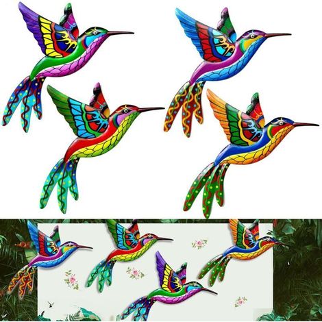 4-teiliges Wanddekorationsset aus Metall, Kolibri-Wanddeko, Kolibri-Wandkunst aus Schmiedeeisen, hängende Vogelornamente aus Metall, Wanddekoration für drinnen und draußen, farbenfrohe Kolibri-Skulptu (1/4)