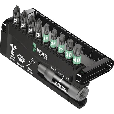 Wera Bit-Check 10 Impaktor 3 puntas de atornillar negras