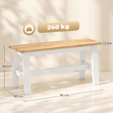 Sitzbank für 2, Holzbank in Eichenoptik, stabilisierende Querstange, für Wohnzimmer, Esszimmer, Flur, Kautschukholz, Weiß (1/5)