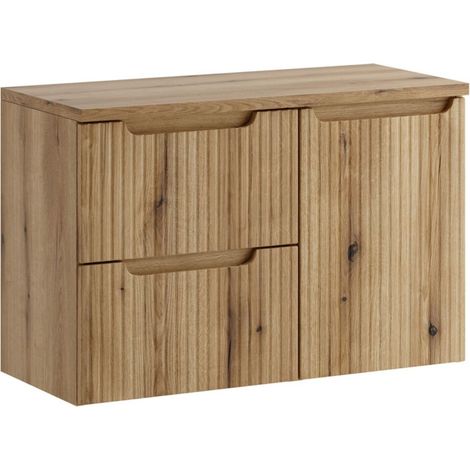 Set da bagno VANO in rovere chiaro 90cm: mobile sottolavabo con cassetti e cesto della biancheria integrato + piano per lavabo