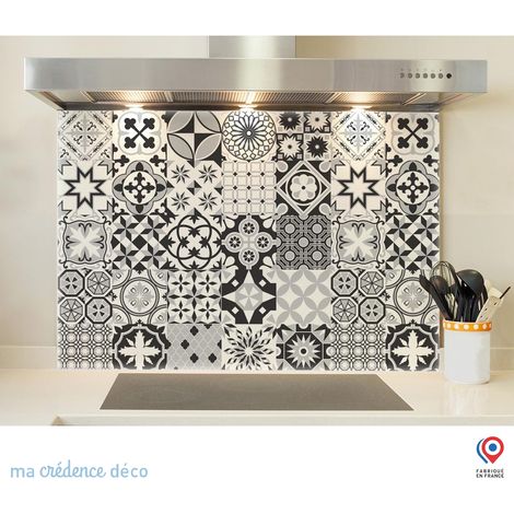 Fond de hotte : carreaux ciment Noir et Blanc - Verre trempé - 60 cm - 45 cm (1/5)